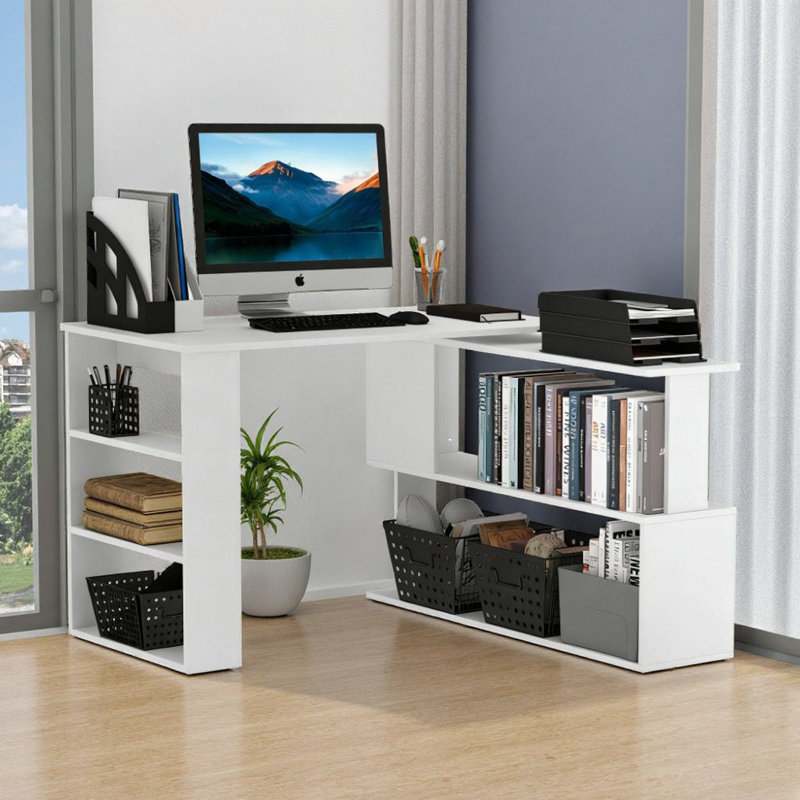 Bureau en coin pivotant à 360 ° en L avec tablettes - blanc, Blanc