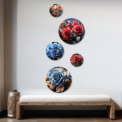 Azure Blue Roses Arrangement Elegance - Roses Roses Round Wall Art Set Of 5