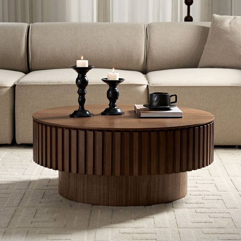 Table basse ronde en MDF avec rangement, 14" H x 31.5" W x 31.5" D, Noyer
