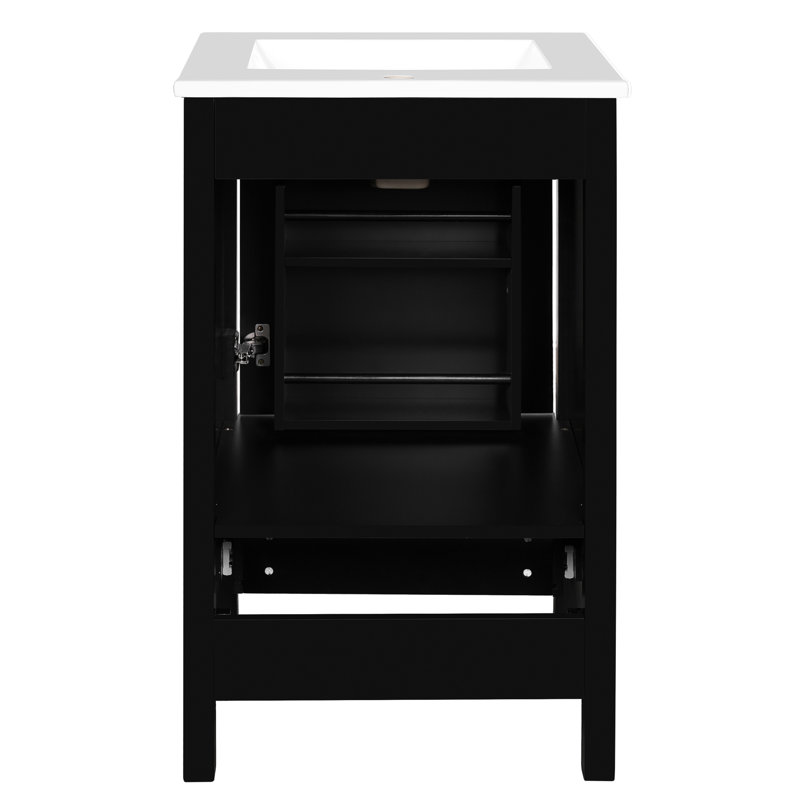 Meuble-lavabo de 20 pouces avec assemblage facile, lavabo en céramique et tiroir à fermeture en douceur pour une installation rapide. Portes compactes, tablette de porte double couche