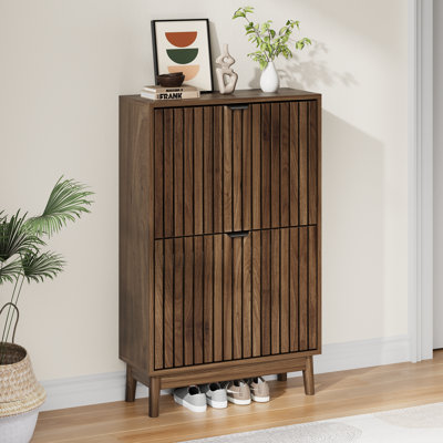 Shoe Storage Cabinet with Flip-Down Drawers,Freestanding Entryway 16-24 Pairs Slim Shoe Cabinet,Walnut