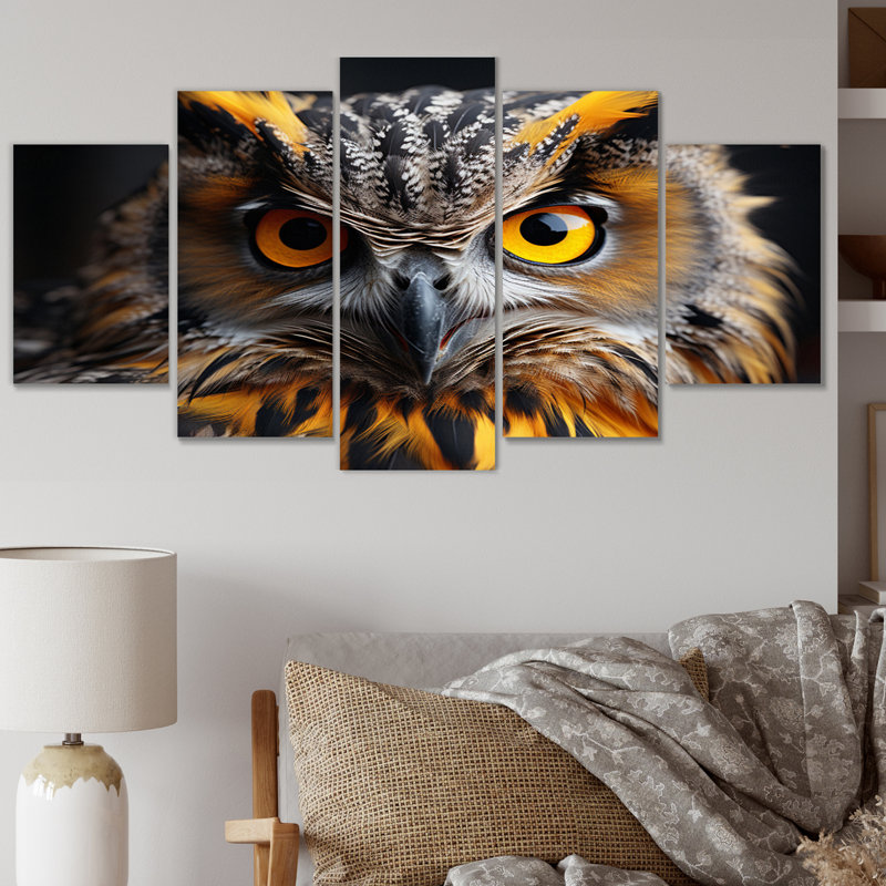 «Yellow Owl Wise Portrait I», reproduction d'art murale animaux - 5 panneaux