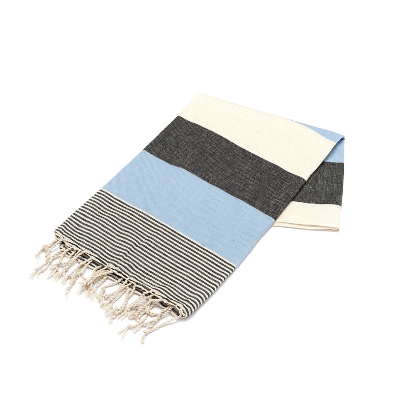 Serviette de plage 100% coton Clery, Bleu clair / écru / noir
