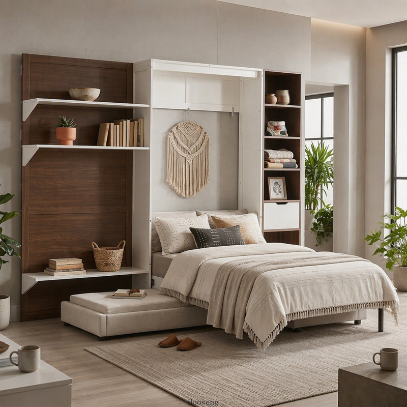 Lit escamotable double avec armoire de rangement, tablettes ouvertes, port USB et façade de canapé, blanc, Blanc
