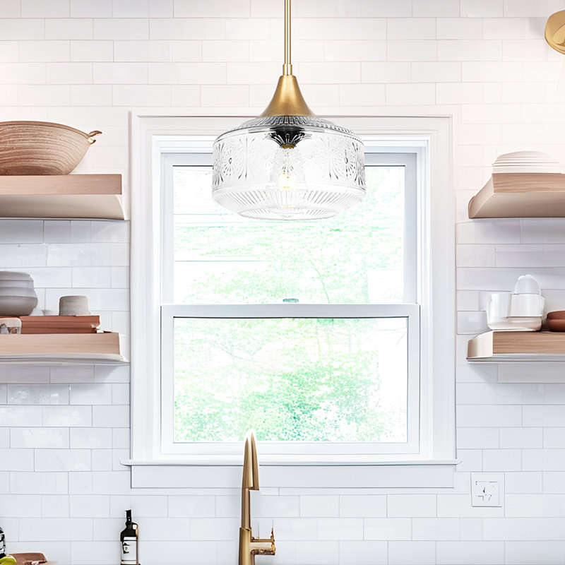 1-Light 9.25in Gold Glass Pendant Light, Clear, Gold