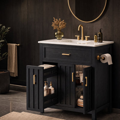 30" Bathroom Vanity with Ceramic Sink, 2 Drawers, Adjustable Shelf & Towel Bar, Freestanding Vanity Cabinet, Black