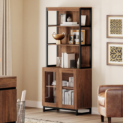 Modern 72" Tall Bookcase With Glass Doors And Adjustable Shelves, Library Book Shelf With Storage Cabinet And Open Book Shelfs, Wood Bookshelf For Home Office, Living Room, Brown