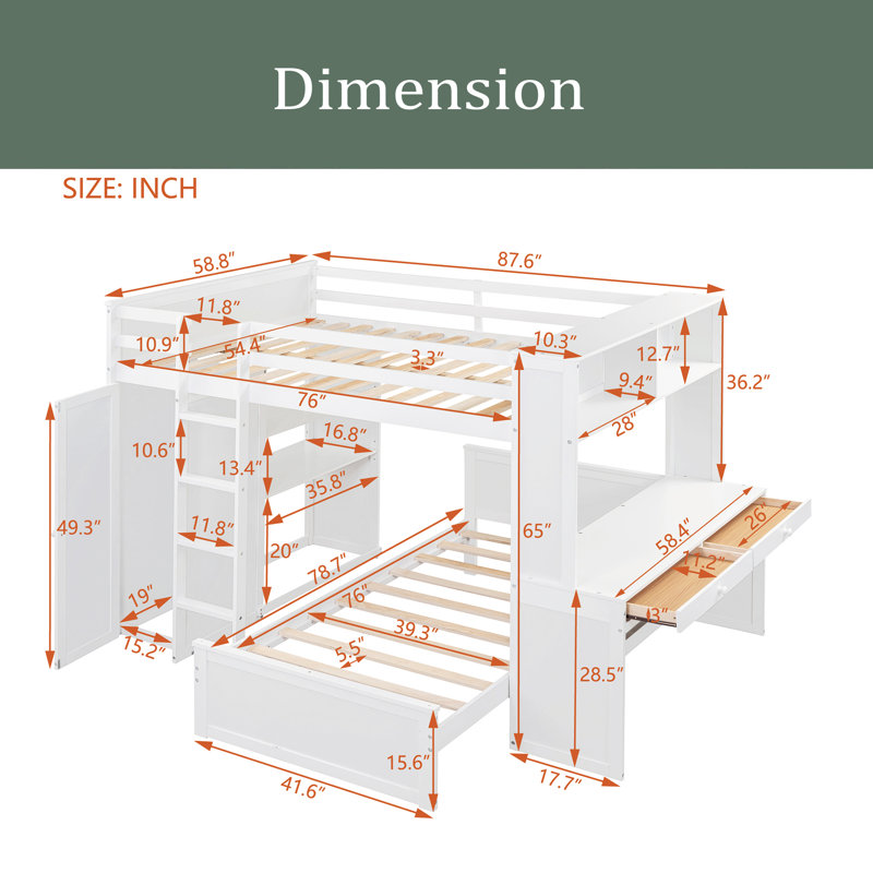 Full size Loft Bed with a twin size Stand-alone bed, Shelves,Desk, White