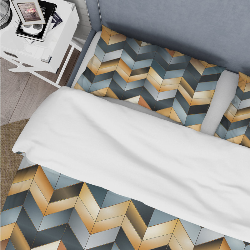 Ensemble de housse de couette à motif de chevrons doré doré, Housse de couette simple + 1 taie décorative stan