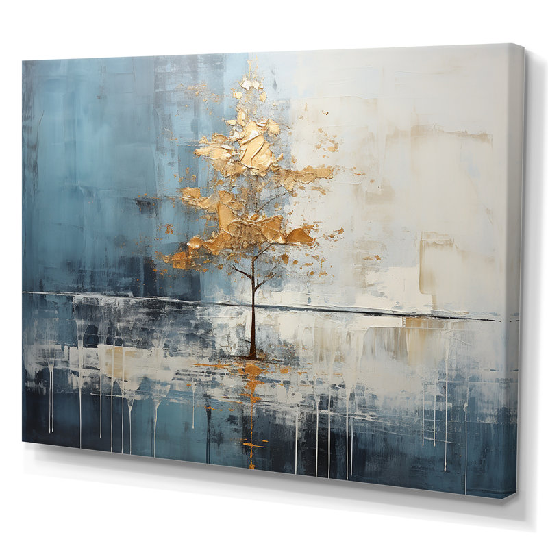 «Gold and Blue Bird Bloom Springtime IV», art mural sur toile, Toile tendue, H 32 po x l 16 po x P 1 po