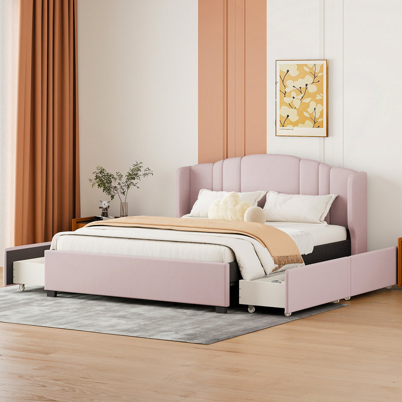 Modern Bed, Upholstered Platform Bed With Wingback Headboard And 4 Drawers, No Box Spring Needed, Linen Fabric
