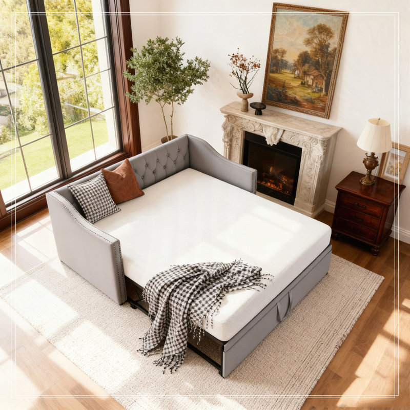 Upholstered daybed with Pop Up Trundle, Gray