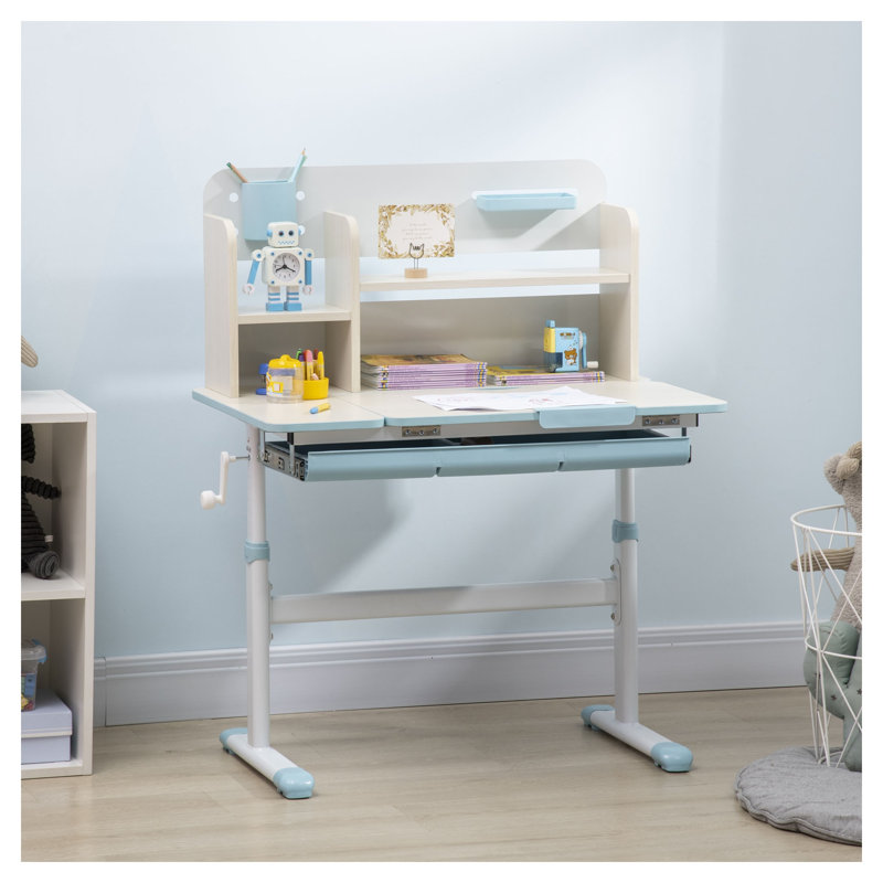 Bureau d'étude pour enfants à hauteur réglable avec tablettes, table d'écriture en MDF bleu