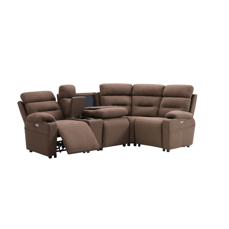 Canapé d'angle en L 4 places de 101,2 po avec inclinaison électrique et double console, marron, Lin brun