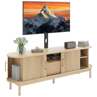 Fluted TV Stand with TV Mount, Entertainment Center with Sliding Doors, Adjustable Shelves & Storage Drawer for Living Room