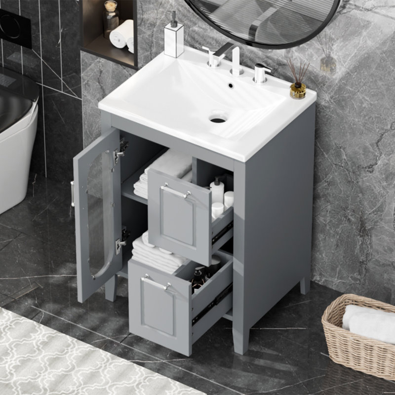 Meuble-lavabo 24 po avec lavabo, meuble-lavabo avec deux tiroirs et porte, tablette réglable, bois massif et panneau de fibres à densité moyenne