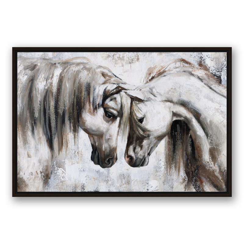 Nuzzling Horses - Peinture sur toile, Toile brune avec cadre flottant, H 25,75 po x l 37,75 po x P 1,75 po