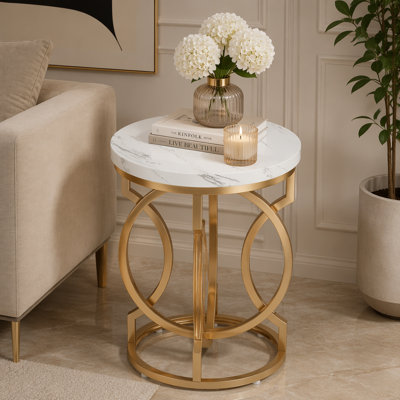 Round End Table, Modern Bedside Table with Faux Marble Top