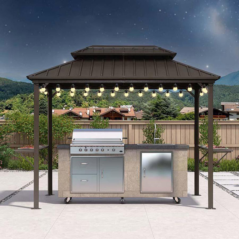 Aluminum Hardtop Grill Gazebo with Lighted, 6' x 10', Brown