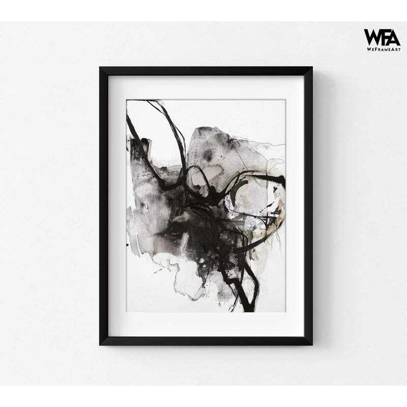 Encre à l'encre abstraite, Reproduction encadrée avec passe-partout, Noir, H 16 po x l 12 po