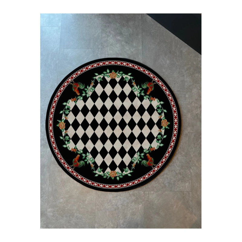 Checkerboard Patterned Floral Woven Floor Carpet, Round 4'