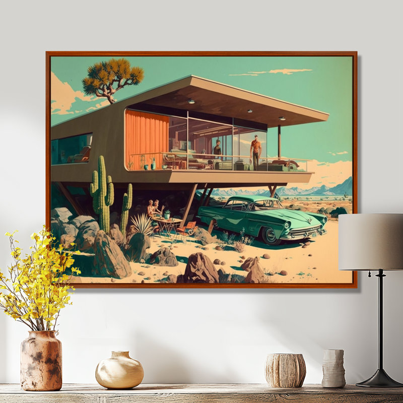 «Green Car Mid Century Retro Architecture», art mural voiture exotique, Toile avec cadre flottant brun
