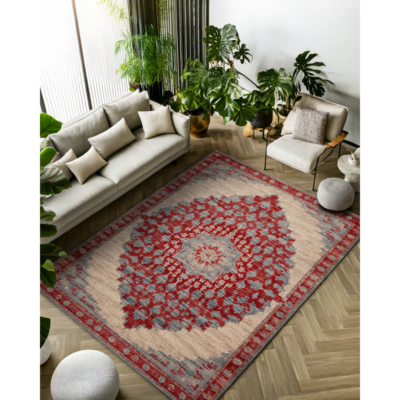 Marisol Burgundy Beige Oriental Machine Printed Cotton Polyester Area Rug, Runner 3'4" x 11'6"