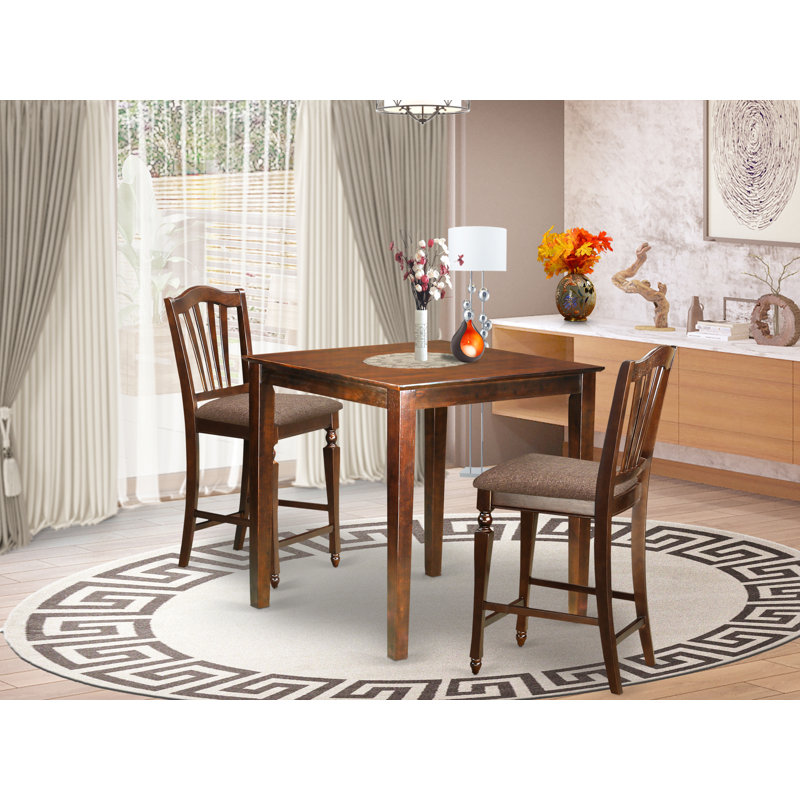 3 Piece Kitchen Counter Height Dining Table Set Contains a Square Pub Table and 2 Linen Fabric Chairs, Mahogany