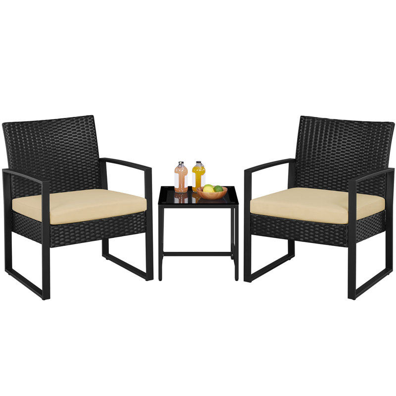 2 Seater Rattan Conversation Set, Black/Khaki