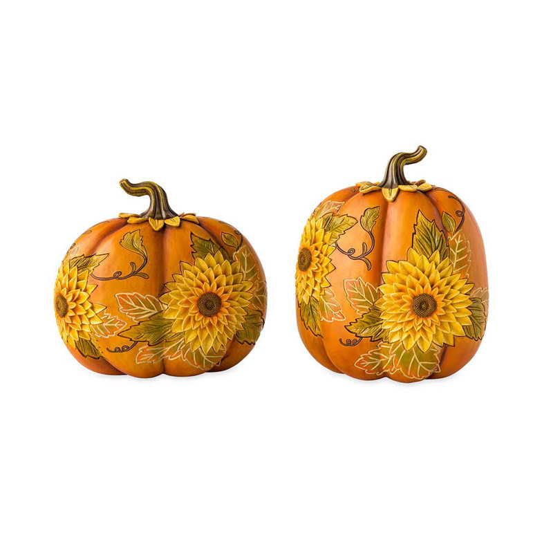 2 Piece Carved Pumpkins with Sunflowers Set