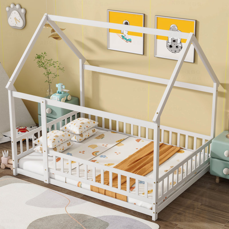 Plancher de lit en bois avec cadre de toit, garde-corps de sécurité, Blanc