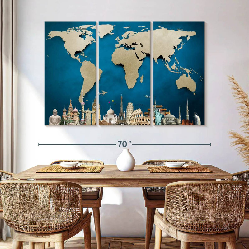 " Ocean Blue World Map " by Globetrotter Studio 3 - Pieces, 42" H x 65" W x 1.25" D