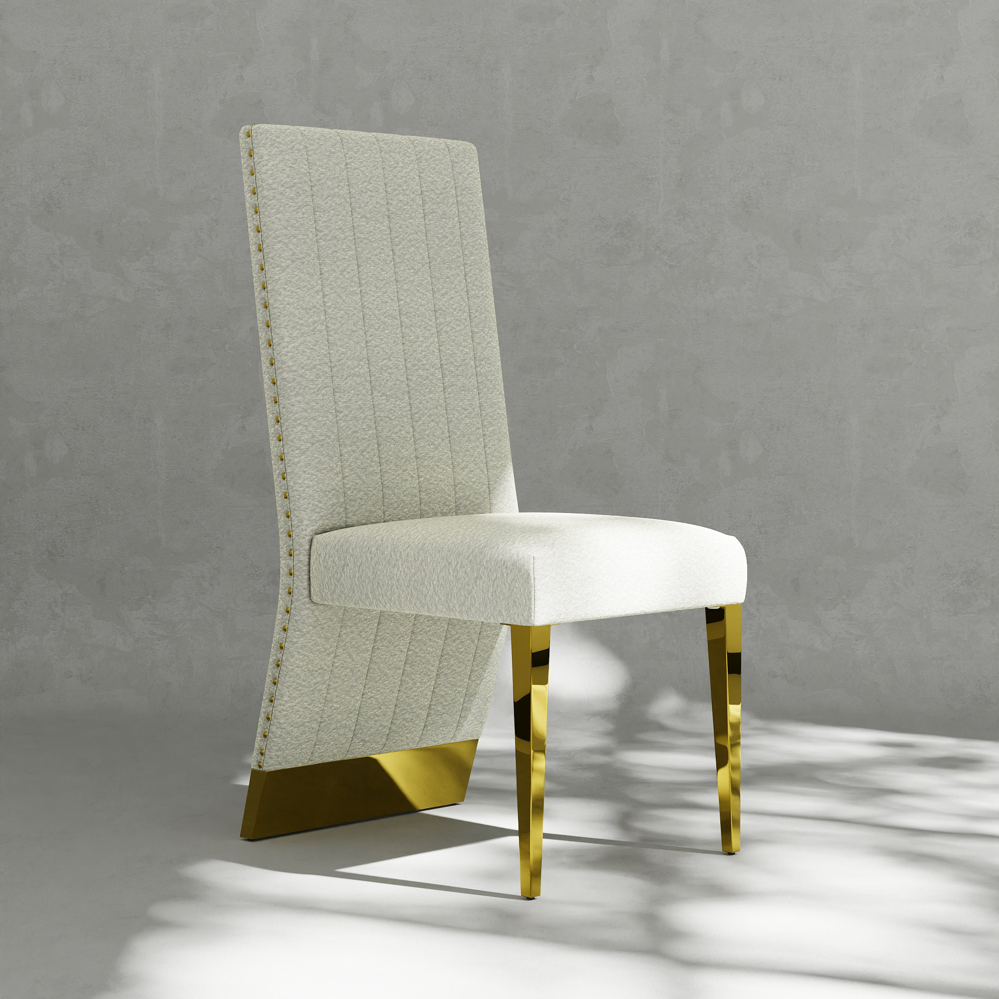 Everly Quinn White And Gold Boucle Dining Chair With Nail Head Trims ...