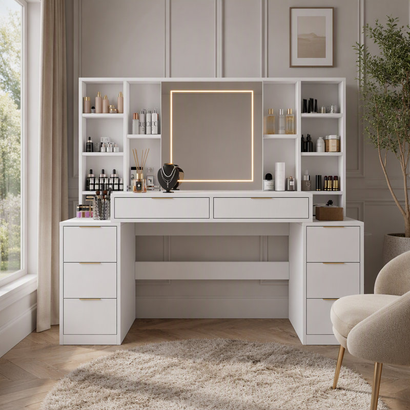 Grande coiffeuse de 150 cm avec miroir lumineux, éclairage DEL 3 couleurs réglable, meuble coiffeuse en bois d'ingénierie E1 avec 8 tiroirs et étagères de rangement ouvertes pour chambre à coucher
