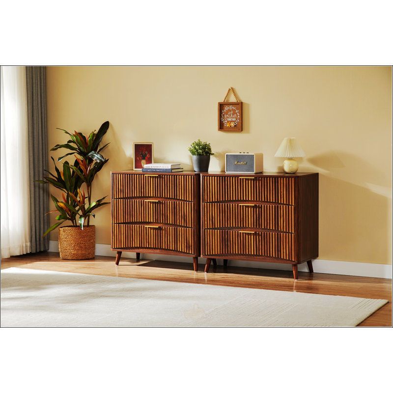 Ensemble de commode 3 tiroirs cannelés de style Mid-Century avec rainures verticales et poignées en métal pour le rangement