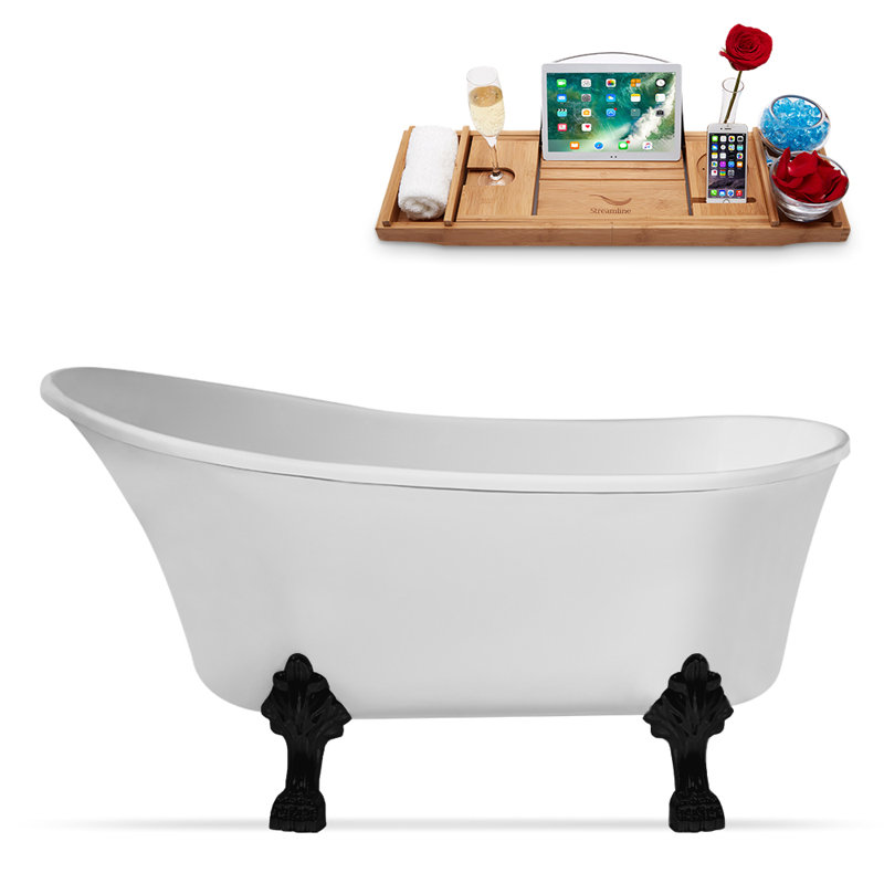 59" Streamline Clawfoot Soaking Acrylic Bathtub With Drain, Clawfeet, and Bamboo Tray, Matte Oil Rubbed Bronze, Matte Pink