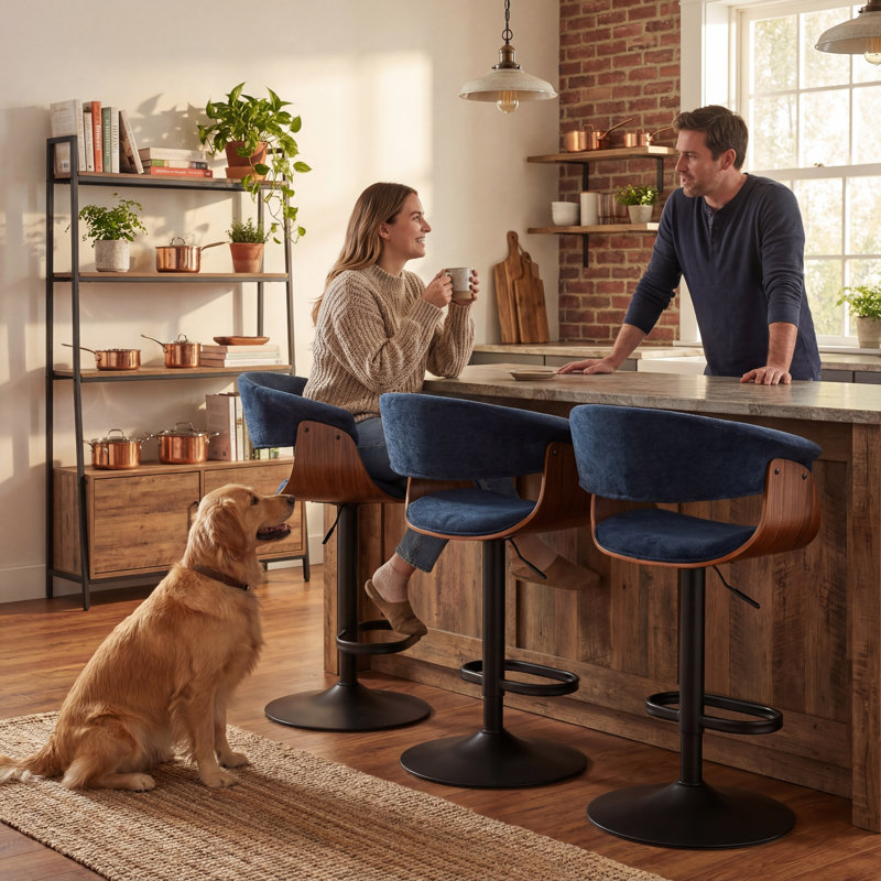 Adjustable Height Bar Stools With Fabric Seat Swivel Stool With Backrest For Kitchen Island, Bar, Home Pub​​, Blue, 3