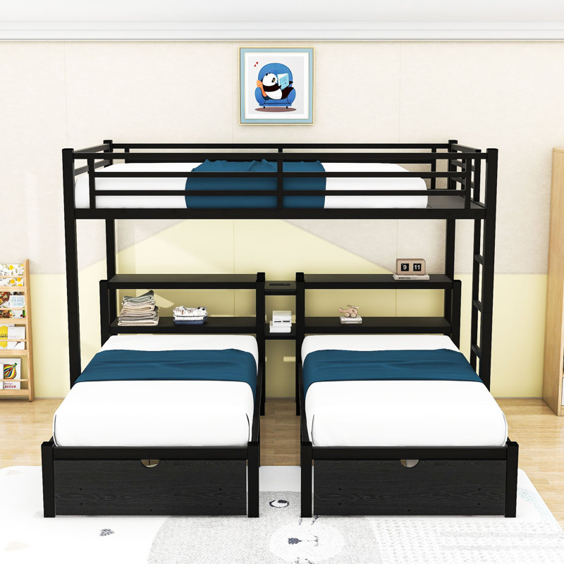 Full XL Over Twin And Twin L-Shaped Metal Bunk Bed With Built-In USB Outlets And Drawers