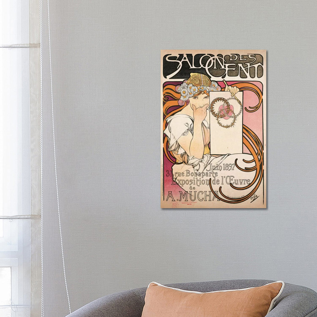 Salon Des Cent June 1897 Exhibition Advertisment by Alphonse Mucha - Wrapped Canvas Painting