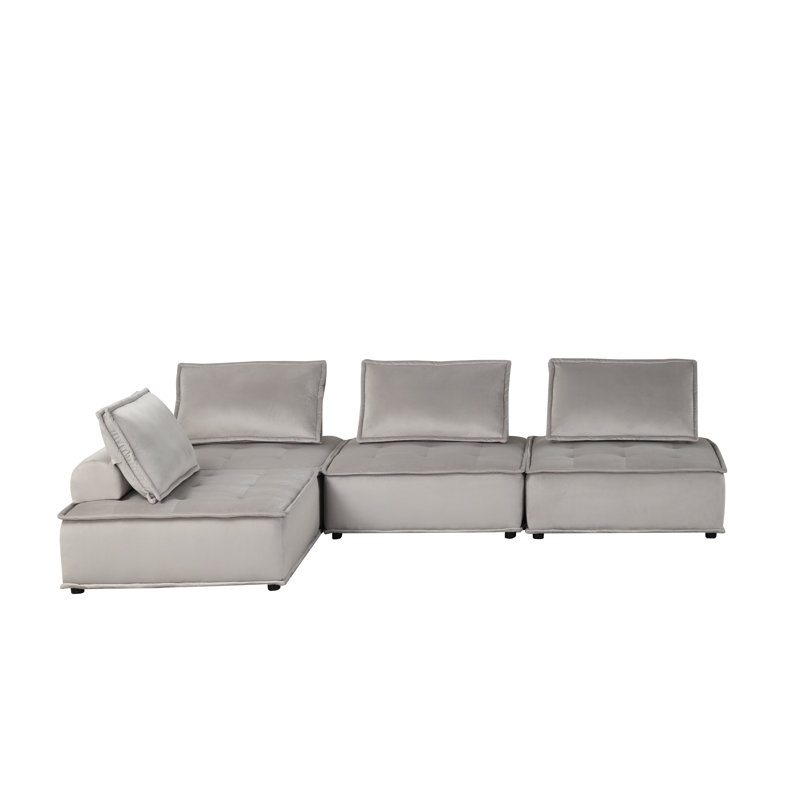 Canapé d'angle modulaire 4 pièces Anna 120 po en velours gris pâle avec sièges capitonnés et ressorts ensachés