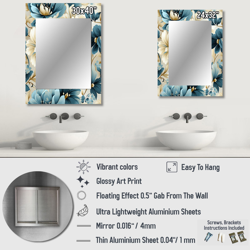 Agilar Blue And White Peonies Damask Flowers - Floral Unique Mirror, Cottage Large Wall Mirror, Printed Metal Art, 32" x 24"