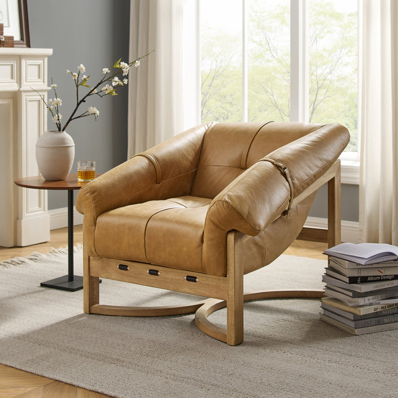 Rod 33.5'' W Tufted Full-Grain Leather Accent Leisure Lounge Armchair with Ash Wood Base, Cognac Full-Grain Leather