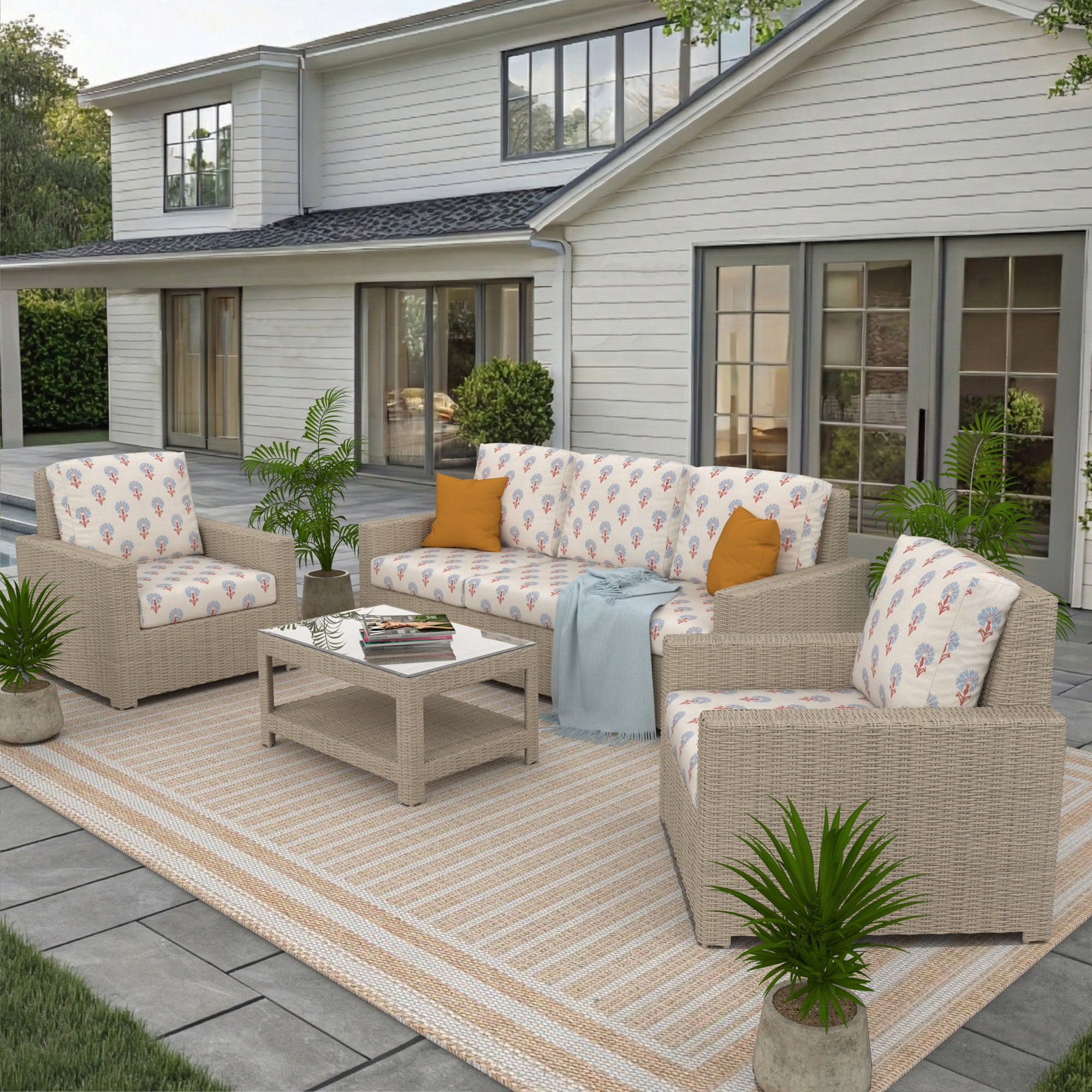 Outdoor Patio Sofa Conversation Set With Sunbrella Cushions, Mira Bluebell