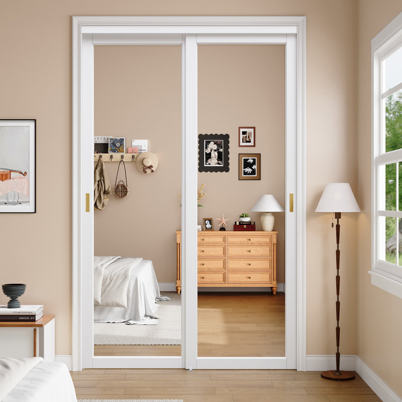 60"x 96" White 1-Panel Mirror Sliding Door with Hardware Kit And Gold Upgrade Handles for Closet and No Assembly Required For Closet,Pantry,Living room
