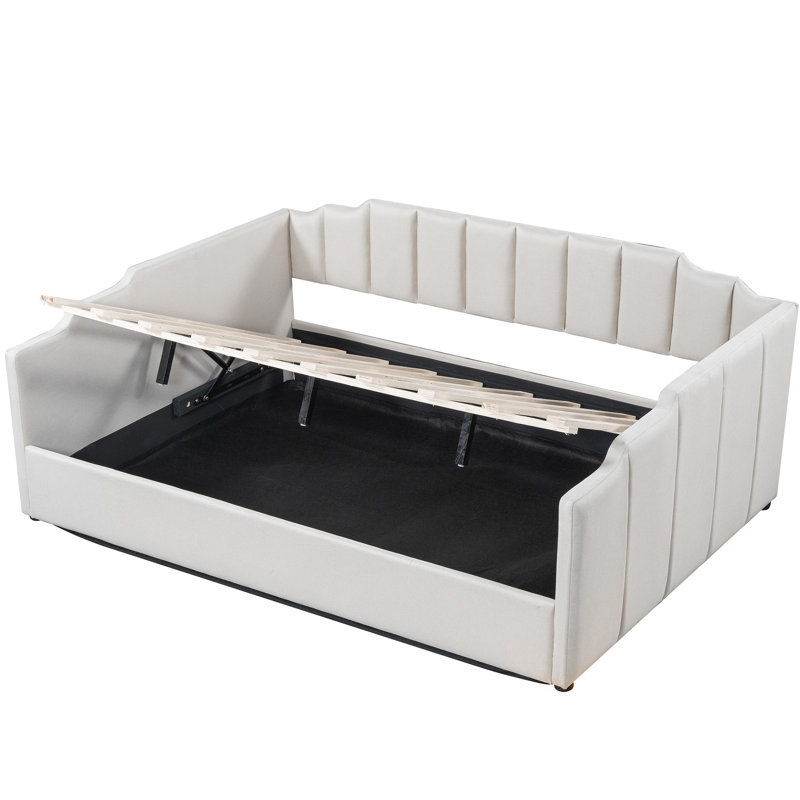 Lit de jour rembourré avec rangement sous le lit, blanc - moderne et confortable, lit double pleine grandeur et lit plateforme tendance pour une nuit paisible
