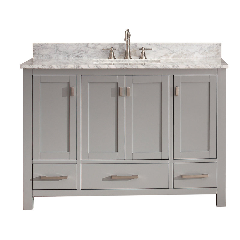 Modero 48" Single Bathroom Vanity with Top, Chilled Gray, Carrera White Marble, Brushed Nickel