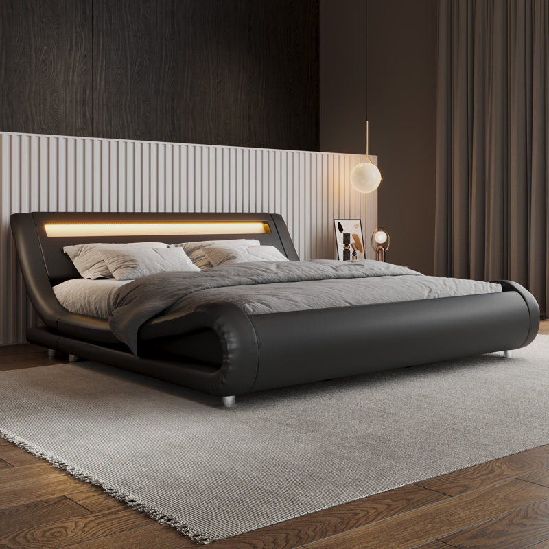 Charlesten Vegan Leather Platform LED Lights Bed with Wooden Slats and Adjustable Headboard, RGB Lighting & Music Sync, No Box Spring Needed