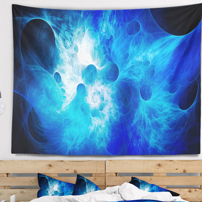 Tapisserie florale fumée bleue fractale, H 78 po x l 92 po