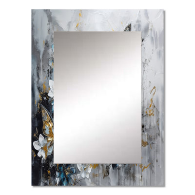 Golden Blue Butterfly Wings And Flowers III - Floral Decorative Mirror, Traditional Wall Mirror, Printed Metal Art
