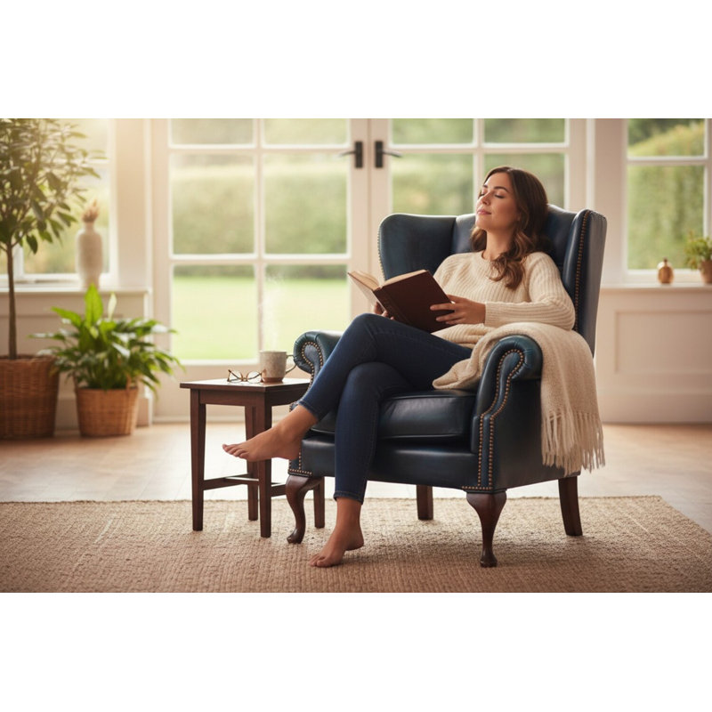 88Cm Wide Tufted Wingback Chair, Antique Blue